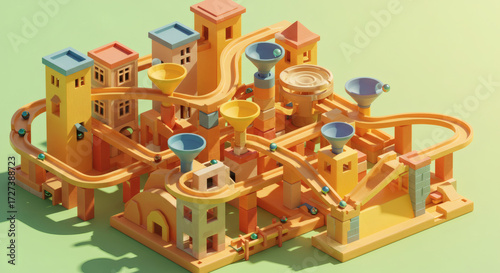 A whimsical marble run constructed like a mini cityscape, with ramps, towers, and funnels, marbles mid-roll, dynamic action shot, isometric view