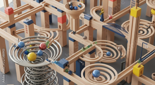 A whimsical marble run constructed like a mini cityscape, with ramps, towers, and funnels, marbles mid-roll, dynamic action shot, isometric view