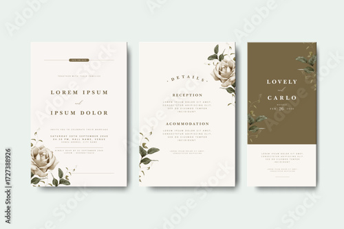 minimalist wedding invitation card set with roses flower template