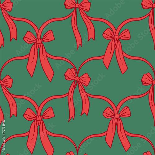 Coquette Christmas seamless checkered pattern with red bows on green background. Composition with vintage bows and handmade ribbons. Contour Pink ribbon on a red background. Vector vintage print.