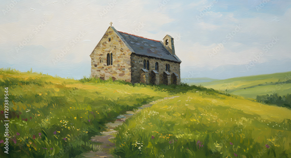 Fototapeta premium Serene Chapel on a Hill: A picturesque stone chapel, crowned with a simple cross, stands nestled on a rolling green hillside. The serene landscape exudes peace and tranquility.