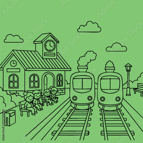 Two cartoon trains approaching a quaint station with children waiting and a lamp post under a bright sky.