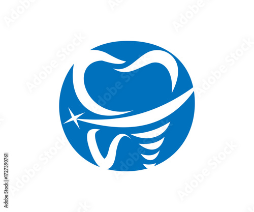 Stylized tooth design in a blue circular shape