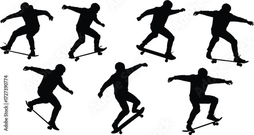 Silhouettes of skateboarders performing tricks, jumping, balancing, flipping, extreme sport action, youth lifestyle, skateboarding culture, dynamic movement, energy, performance