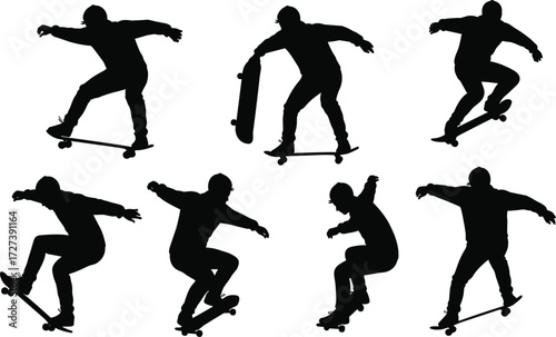 Silhouettes of skateboarders performing tricks, jumping, balancing, flipping, extreme sport action, youth lifestyle, skateboarding culture, dynamic movement, energy, performance
