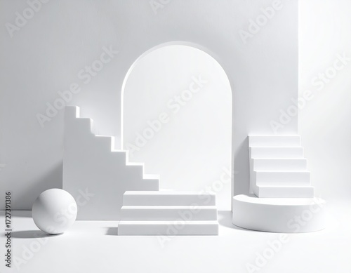 Minimalist abstract architectural composition with geometric shapes and stairs.