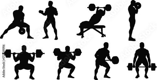 Weightlifting silhouette performing barbell squats and leg press exercises, muscular posture, fitness training vector illustration for gym, workout, and design