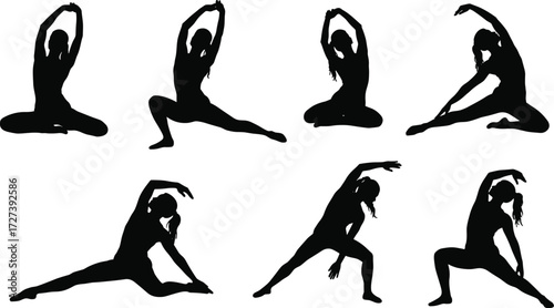 Yoga poses silhouette vector illustration set showing stretching, meditation, fitness exercise, flexibility, balance, healthy lifestyle, workout, wellness design