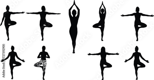Yoga tree pose silhouette variations with raised arms, prayer hands, balance posture, wellness vector illustration for fitness, meditation, and design