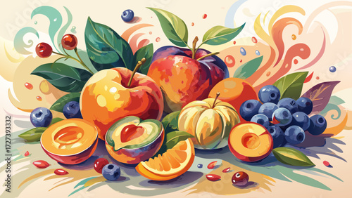 Expressive watercolor painting of fruits in impressionist style, showing oranges, berries, and peaches with gentle shades, fluid brushwork, artistic composition, glowing colors, and a dreamy still 