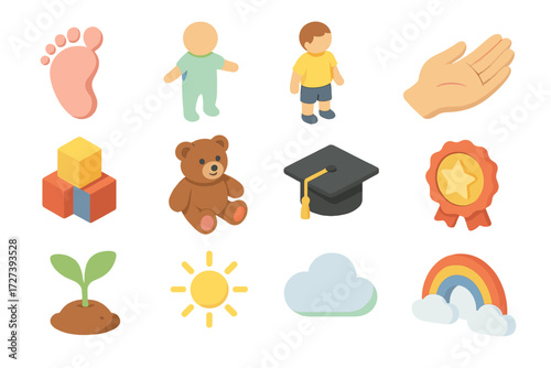 Children's Growth Icons. Children’s growth chart set icons in modern isometric flat : baby footprint, toddler figure, child standing, parent hand, toy
