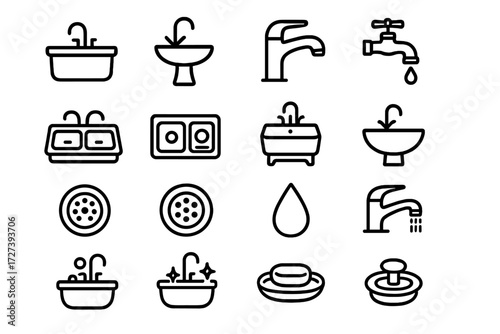 Diverse Sink Iconography. Sink icons icons in outline style: kitchen sink, bathroom sink, faucet, dripping tap, double sink, stainless steel sink,