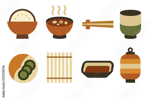 Traditional Dining Icons. Traditional dining set of icons in abstract flat : rice bowl, miso soup, chopsticks rest, tea cup, pickles plate, bamboo