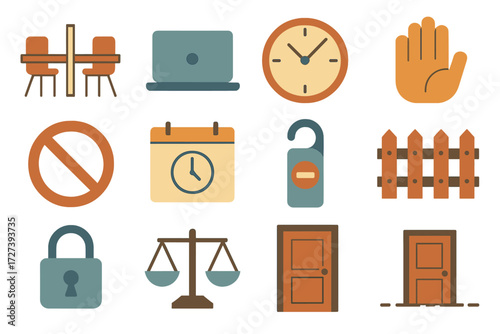 Healthy Work Boundaries Icons. Healthy work boundaries set of icons in abstract flat : desk with divider, closed laptop, wall clock, stop hand, no