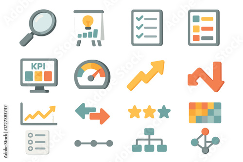 Isometric Analytics Icons. Analytics tools set icons in modern isometric flat : magnifying glass, insight board, checklist tick, scorecard, KPI