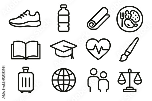 Personal Goals Icons. Personal goals icons in outline style: running shoe, water bottle, yoga mat, healthy meal plate, open book, graduation cap,