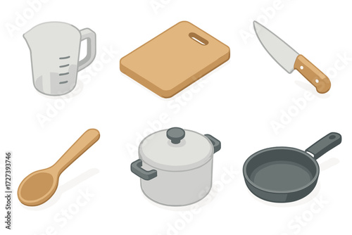 Isometric Cooking Icons. Cooking prep set icons in modern isometric flat : measuring cup, cutting board, knife, spoon, pot, frying pan