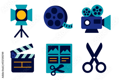 Film Production Icons. Cinematic scene in modern flat vector : studio light, film reel, projector, clapboard, storyboard, editing scissors