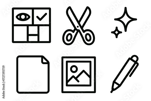 Creative Icons Set. Creative layout icons in outline style: vision board, scissors, paper sheet, photo frame, pen, sparkle