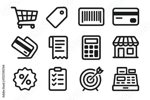 Retail Icon Set. Retail sales boost icons in outline style: shopping cart, price tag, barcode, credit card, debit swipe, receipt roll, calculator,