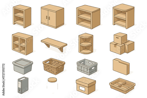 Isometric Storage Icons. Storage basics set icons in modern isometric flat : bookshelf, cabinet, open shelf, drawer, cubby unit, wall shelf, corner