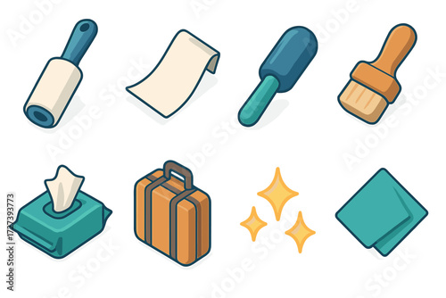Quick Clean Tools. Quick clean set icons in modern isometric flat : portable lint roller, sticky tape sheet, pocket roller, small brush, wipes pack,