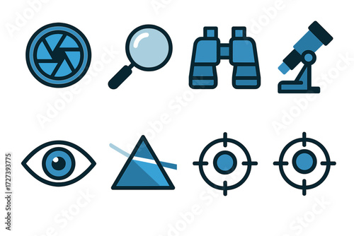 Optics Icons. Optics symbols set of icons in abstract flat : camera lens, magnifying glass, binoculars, telescope, microscope, eye, prism, focus