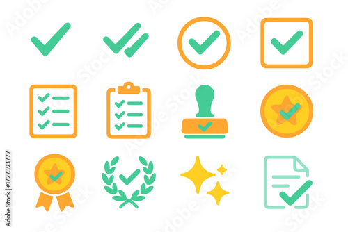 Vibrant Checklist Icons. Basic check mark in modern flat vector : single check, double check, circle with check, square with check, checklist,
