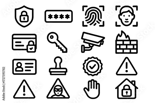 Security Icons Collection. Security icons in outline style: shield lock, password dots, fingerprint scan, face scan, secure transaction, encryption
