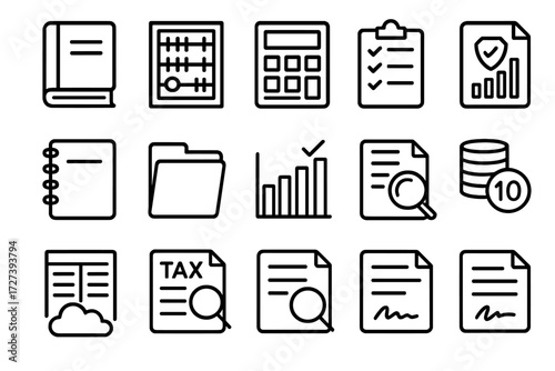 Accounting Tools Icons. Accounting tools icons in outline style: ledger book, abacus, calculator, clipboard checklist, notebook, file folder, bar