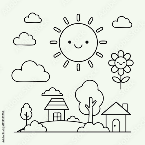 A cheerful sun smiles over a whimsical landscape featuring houses, trees, clouds, and a happy flower in bloom.