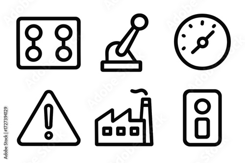 Industrial Icon Set. Industrial icons icons in outline style: panel toggle, lever, dial, warning triangle, factory, switch