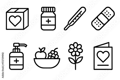 Hospital Care Icons. Hospital support icons in outline style: care package, pill bottle, thermometer, bandage, sanitizer, fruit basket, flower, get