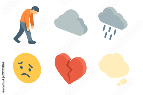 Emotional Slump Icons. Emotional slump set icons in modern isometric flat : tired walk, cloud, rain, sad face, broken heart, thought cloud