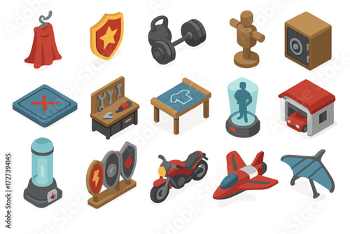 Superhero Hideout Icons. Hero hideout set icons in modern isometric flat : cape on hook, hero badge, workout gear, practice dummy, sparring mat, tool