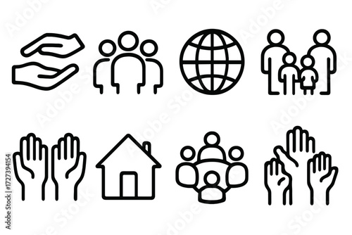 Community Support Icons. Community support icons in outline style: helping hand, group avatars, globe, family group, partnership bridge, raised hands