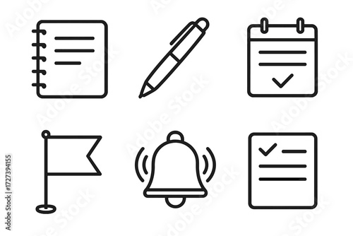 Planning Goals Icons. Planning goals icons in outline style: notebook, pen, daily planner, priority flag, alarm bell, task card