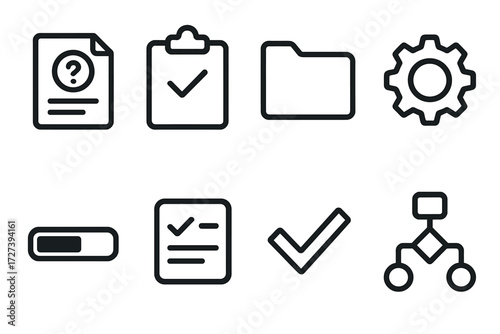 Help Desk Icons. Help desk icons in outline style: support ticket, clipboard, folder, settings gear, progress bar, task card, checkmark, workflow