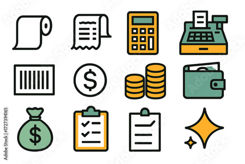 Abstract Finance Icons. Basic receipt roll set of icons in abstract flat : paper roll, printed receipt, calculator, cash register, barcode, dollar