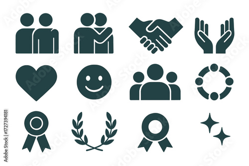 Support Icon Set. Basic hand on shoulder set of icons in abstract flat : two people side by side, hand resting on shoulder, supportive hug, handshake