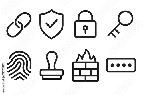 Security Icons Collection. Security icons icons in outline style: hyperlink, shield with check, lock, key, fingerprint, approval stamp, firewall,