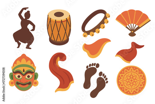 Cultural Dance Icons. Cultural dance set icons in modern isometric flat : dancer silhouette, traditional drum, ankle bells, fan, mask, flowing scarf,