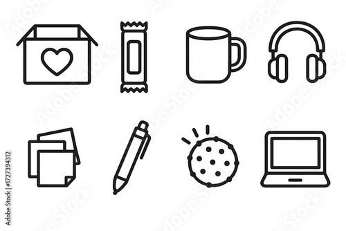 Student Kit Icons. Student kit icons in outline style: care package, snack bar, coffee mug, headphones, sticky notes, pen, stress ball, laptop.