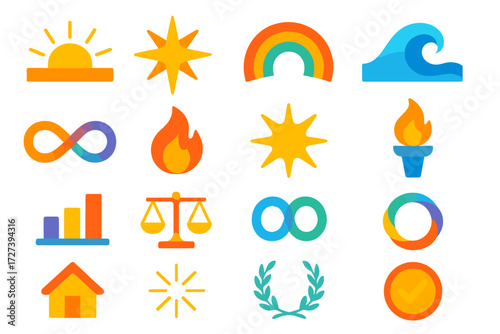 Harmonious Icon Collection. Themes & vibes in modern flat vector : sunrise horizon, guiding star, rainbow arc, harmony wave, infinity loop, glowing