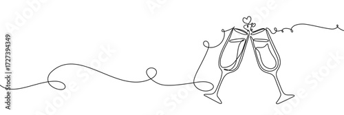 Wine continuous glass toast vector drink one birthday illustration party single. Year wine continuous glass new draw sketch outline minimalist hand line cheer happy celebrate wedding concept cocktail
