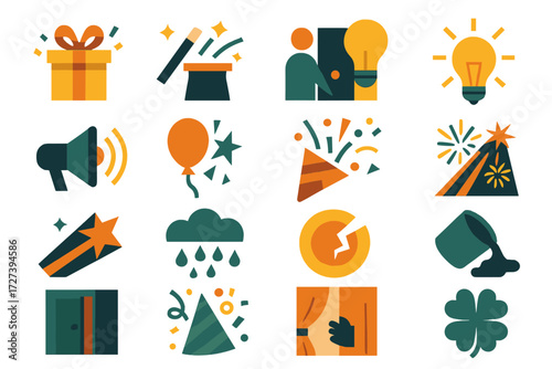 Abstract Surprise Icons. Situations set of icons in abstract flat : gift box opening, magic trick, unexpected guest, sudden light, loudspeaker,