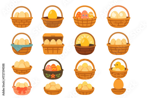 Creative Egg Baskets. Eggs in basket in modern flat vector : basket with eggs, basket with golden egg, basket with painted eggs, basket with cracked