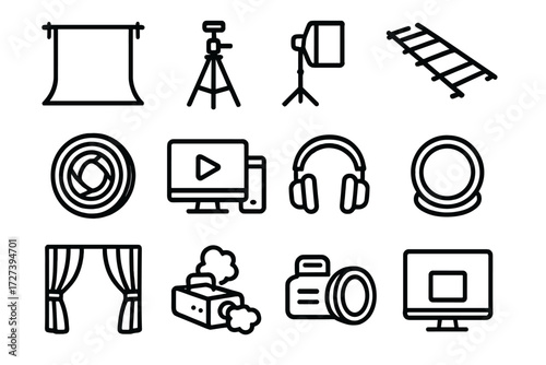 Studio Setup Icons. Studio setup icons in outline style: green screen, tripod, softbox light, dolly track, camera lens, editing computer, headphones,