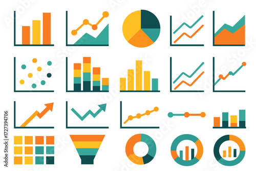 Chart Icons. Chart basics set of icons in abstract flat : bar chart, line graph, pie chart, area chart, scatter plot, stacked bars, histogram, dual
