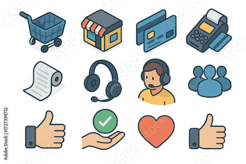 Isometric Shopping Icons. Customer review prompt set icons in modern isometric flat : shopping cart, store building, credit card, debit swipe, receipt
